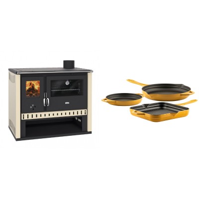 Set Küchenofen / Küchenhexe Prity GT, Leistung 15 kW + Gusseisen Topf Set aus 3 teilen Solagio, Dijon - Kaminofen - Holzofen mit Backfach