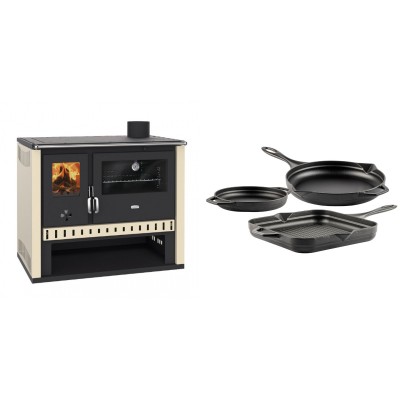 Set Küchenofen / Küchenhexe Prity GT, Leistung 15 kW + Gusseisen Topf Set aus 3 teilen Solagio, Black Onyx - Kaminofen - Holzofen mit Backfach