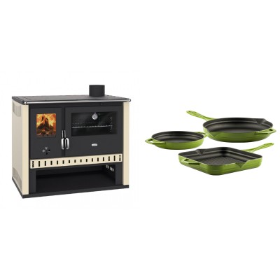 Set Küchenofen / Küchenhexe Prity GT, Leistung 15 kW + Gusseisen Topf Set aus 3 teilen Solagio, Bamboo - Kaminofen - Holzofen mit Backfach