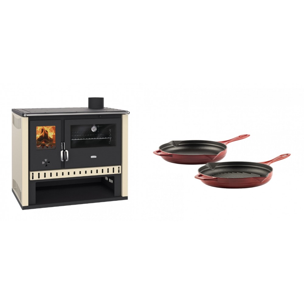 Set Küchenofen / Küchenhexe Prity GT, Leistung 15 kW + Gusseisen Topf Set aus 2 teilen Solagio, Rubin | Kaminofen - Holzofen mit Backfach | Kaminofen |