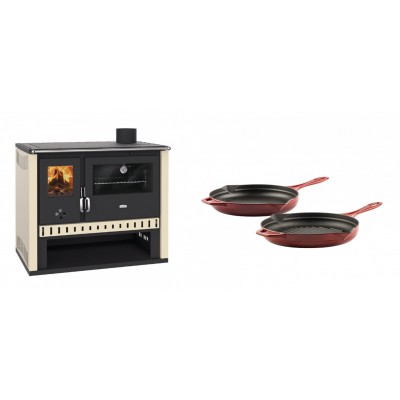 Set Küchenofen / Küchenhexe Prity GT, Leistung 15 kW + Gusseisen Topf Set aus 2 teilen Solagio, Rubin - Kaminofen - Holzofen mit Backfach
