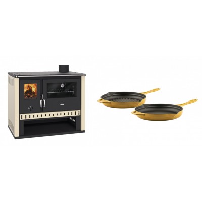 Set Küchenofen / Küchenhexe Prity GT, Leistung 15 kW + Gusseisen Topf Set aus 2 teilen Solagio, Dijon - Kaminofen - Holzofen mit Backfach