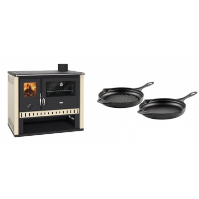 Set Küchenofen / Küchenhexe Prity GT, Leistung 15 kW + Gusseisen Topf Set aus 2 teilen Solagio, Black Onyx - Kaminofen - Holzofen mit Backfach