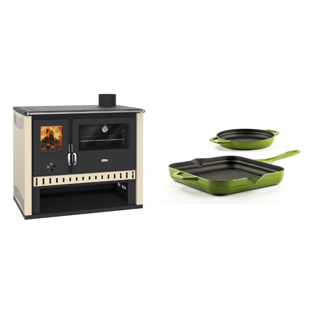 Set Küchenofen / Küchenhexe Prity GT, Leistung 15 kW + Gusseisen Topf Set aus 2 teilen Solagio, Bamboo | Kaminofen - Holzofen mit Backfach | Kaminofen |