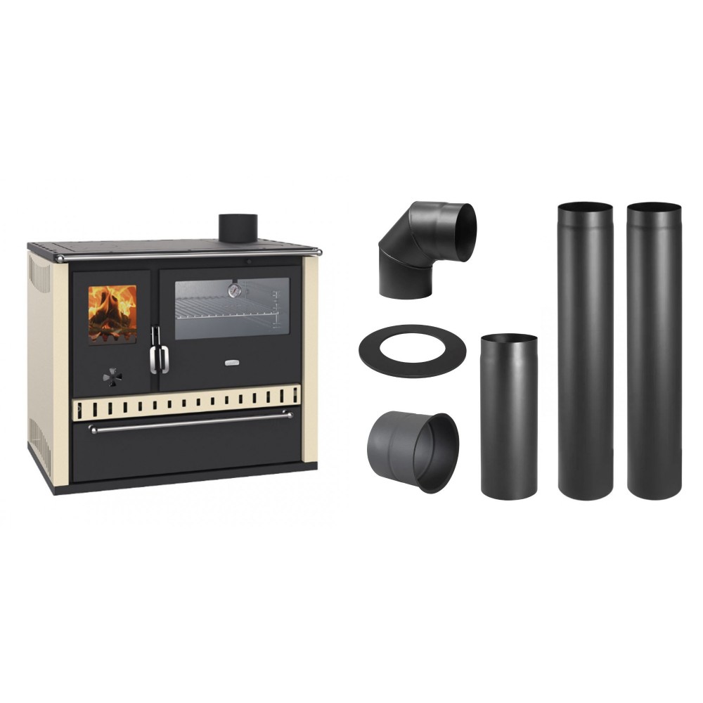Set Küchenofen / Küchenhexe Wasserführend Prity GT W10 Elfenbein, mit Edelstahl-Backofen, Stahlhobel und Schublade, 13.3 kW + Schornstein Bausatz PARKANEX, Stahl Ø150, Dicke 2mm | Kaminofen - Holzofen mit Backfach | Kaminofen |