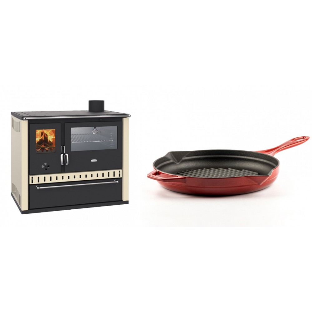 Set Küchenofen / Küchenhexe Wasserführend Prity GT W10 Elfenbein, mit Edelstahl-Backofen, Stahlhobel und Schublade, 13.3 kW + Emaillierte grillpfanne Gusseisen Solagio, Rubin, Ф28cm | Kaminofen - Holzofen mit Backfach | Kaminofen |