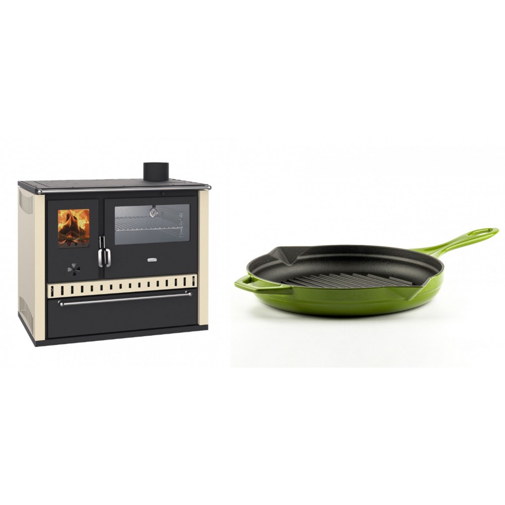 Set Küchenofen / Küchenhexe Wasserführend Prity GT W10 Elfenbein, mit Edelstahl-Backofen, Stahlhobel und Schublade, 13.3 kW + Emaillierte grillpfanne Gusseisen Solagio, Bamboo, Ф28cm | Kaminofen - Holzofen mit Backfach | Kaminofen |