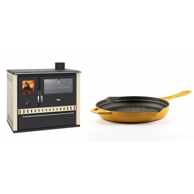 Set Küchenofen / Küchenhexe Wasserführend Prity GT W10 Elfenbein, mit Edelstahl-Backofen, Stahlhobel und Schublade, 13.3 kW + Emaillierte grillpfanne Gusseisen Solagio, Dijon, Ф28cm - Kaminofen - Holzofen mit Backfach