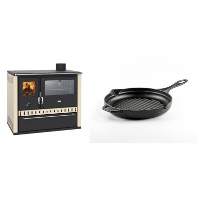 Set Küchenofen / Küchenhexe Wasserführend Prity GT W10 Elfenbein, mit Edelstahl-Backofen, Stahlhobel und Schublade, 13.3 kW + Emaillierte grillpfanne Gusseisen Solagio, Black Onyx, Ф24cm - Kaminofen - Holzofen mit Backfach