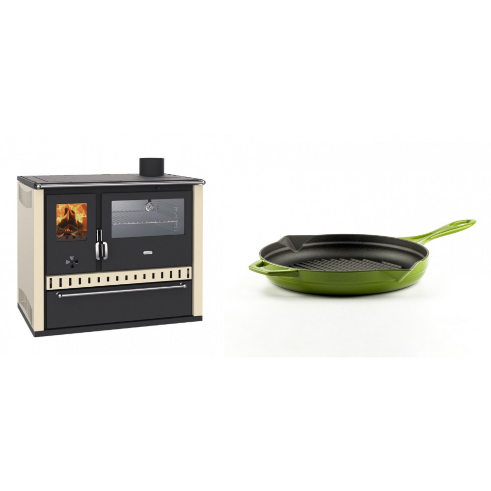 Set Küchenofen / Küchenhexe Wasserführend Prity GT W10 Elfenbein, mit Edelstahl-Backofen, Stahlhobel und Schublade, 13.3 kW + Emaillierte grillpfanne Gusseisen Solagio, Bamboo, Ф24cm