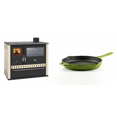 Set Küchenofen / Küchenhexe Wasserführend Prity GT W10 Elfenbein, mit Edelstahl-Backofen, Stahlhobel und Schublade, 13.3 kW + Emaillierte grillpfanne Gusseisen Solagio, Bamboo, Ф24cm - Kaminofen - Holzofen mit Backfach