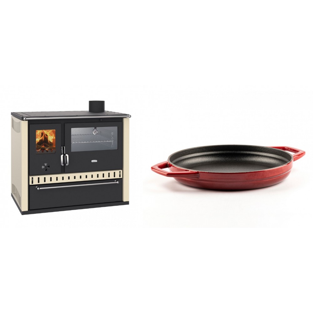 Set Küchenofen / Küchenhexe Wasserführend Prity GT W10 Elfenbein, mit Edelstahl-Backofen, Stahlhobel und Schublade, 13.3 kW + Emaillierte gusseisenpfanne mit zwei Griffen Solagio, Rubin, Ф22cm