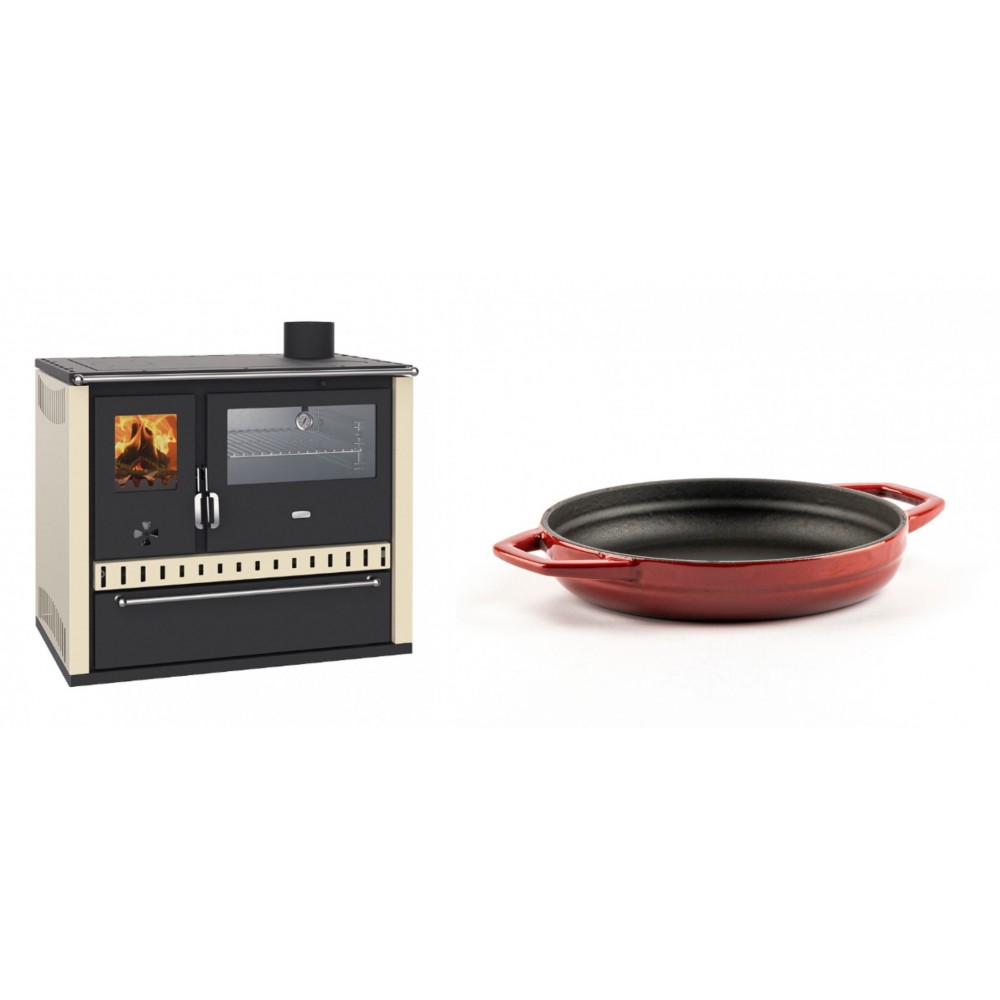Set Küchenofen / Küchenhexe Wasserführend Prity GT W10 Elfenbein, mit Edelstahl-Backofen, Stahlhobel und Schublade, 13.3 kW + Emaillierte gusseisenpfanne mit zwei Griffen Solagio, Rubin, Ф19cm | Kaminofen - Holzofen mit Backfach | Kaminofen |