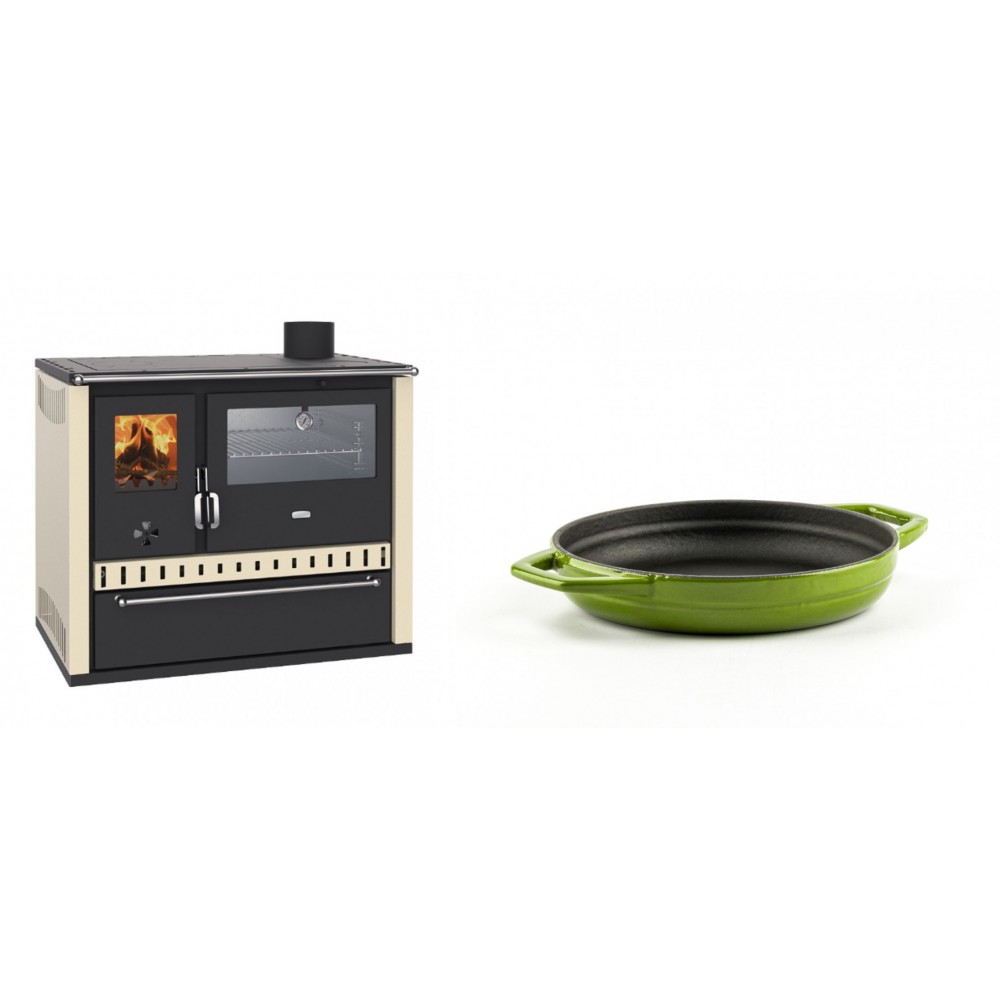 Set Küchenofen / Küchenhexe Wasserführend Prity GT W10 Elfenbein, mit Edelstahl-Backofen, Stahlhobel und Schublade, 13.3 kW + Emaillierte gusseisenpfanne mit zwei Griffen Solagio, Bamboo, Ф16cm