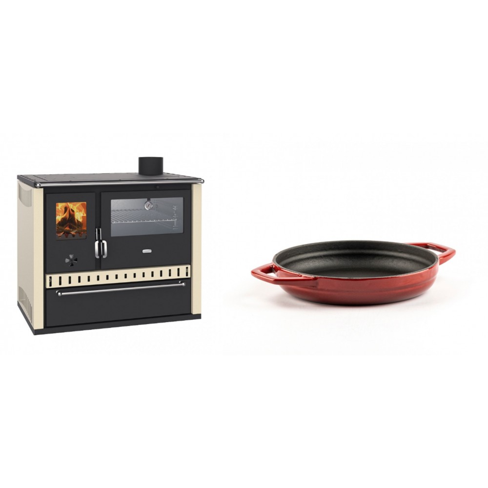 Set Küchenofen / Küchenhexe Wasserführend Prity GT W10 Elfenbein, mit Edelstahl-Backofen, Stahlhobel und Schublade, 13.3 kW + Emaillierte gusseisenpfanne mit zwei Griffen Solagio, Rubin, Ф16cm