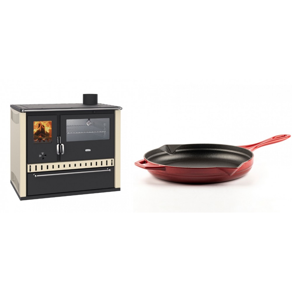 Set Küchenofen / Küchenhexe Wasserführend Prity GT W10 Elfenbein, mit Edelstahl-Backofen, Stahlhobel und Schublade, 13.3 kW + Emaillierte Gusseisenpfanne Solagio, Rubin, Ф28cm | Kaminofen - Holzofen mit Backfach | Kaminofen |