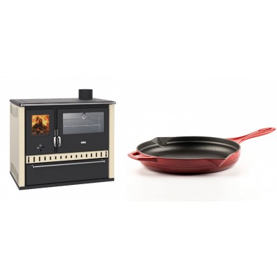 Set Küchenofen / Küchenhexe Wasserführend Prity GT W10 Elfenbein, mit Edelstahl-Backofen, Stahlhobel und Schublade, 13.3 kW + Emaillierte Gusseisenpfanne Solagio, Rubin, Ф28cm - Kaminofen - Holzofen mit Backfach