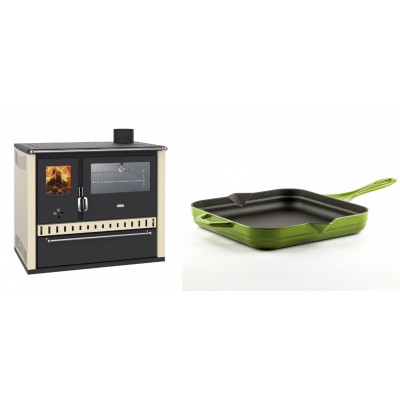 Set Küchenofen / Küchenhexe Wasserführend Prity GT W10 Elfenbein, mit Edelstahl-Backofen, Stahlhobel und Schublade, 13.3 kW + Emaillierte Gusseisenpfanne Solagio, Bamboo, 28x28cm - Kaminofen - Holzofen mit Backfach