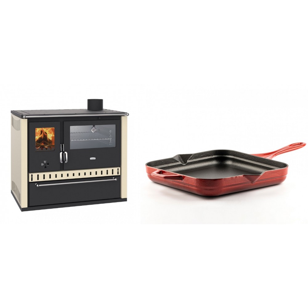 Set Küchenofen / Küchenhexe Wasserführend Prity GT W10 Elfenbein, mit Edelstahl-Backofen, Stahlhobel und Schublade, 13.3 kW + Emaillierte Gusseisenpfanne Solagio, Rubin, 28x28cm