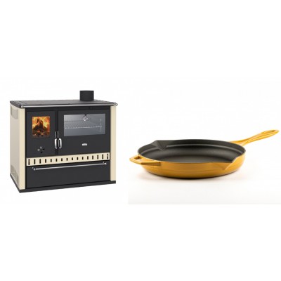 Set Küchenofen / Küchenhexe Wasserführend Prity GT W10 Elfenbein, mit Edelstahl-Backofen, Stahlhobel und Schublade, 13.3 kW + Emaillierte Gusseisenpfanne Solagio, Dijon, Ф28cm - Kaminofen - Holzofen mit Backfach