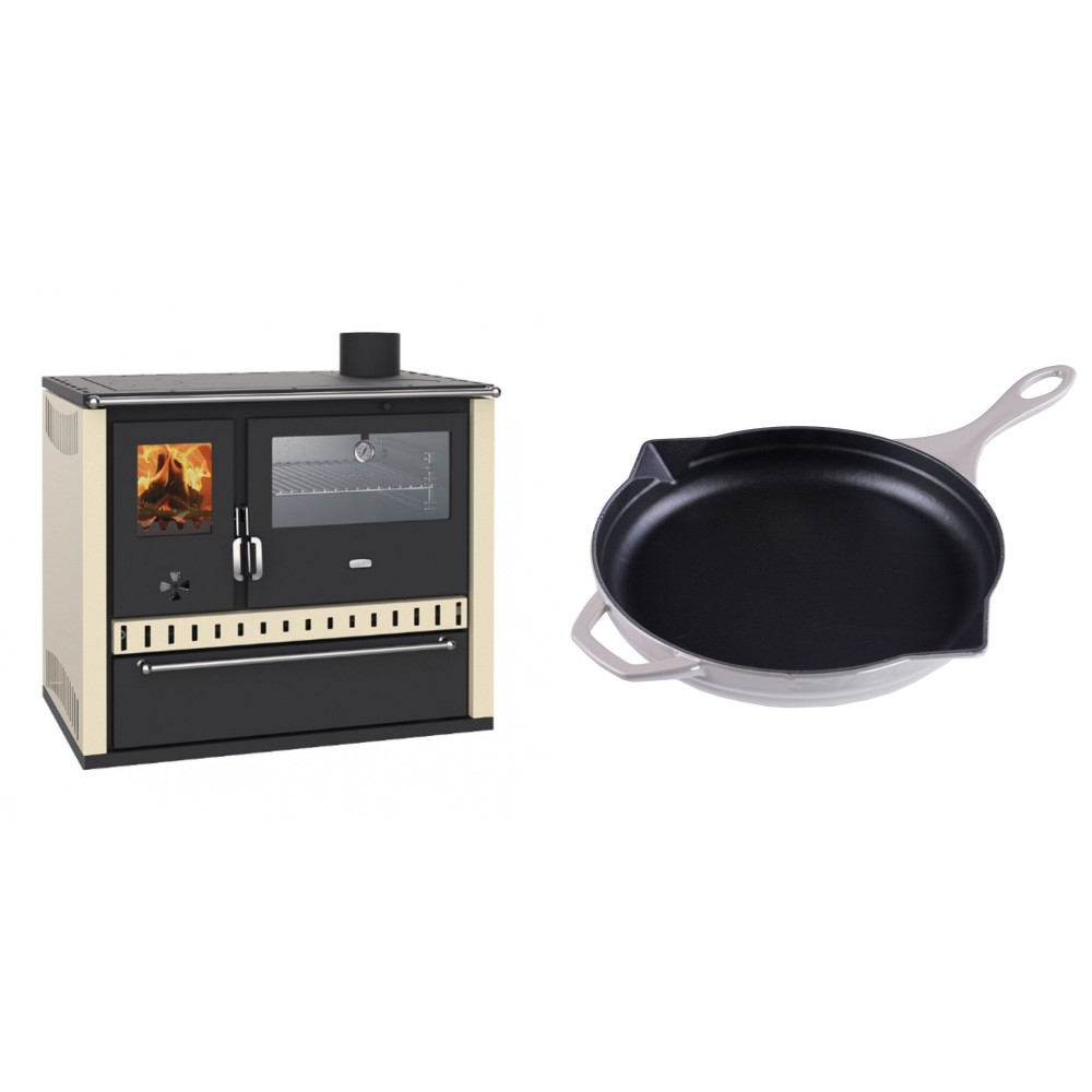 Set Küchenofen / Küchenhexe Wasserführend Prity GT W10 Elfenbein, mit Edelstahl-Backofen, Stahlhobel und Schublade, 13.3 kW + Emaillierte Gusseisenpfanne Solagio, Ivory, Ф28cm | Kaminofen - Holzofen mit Backfach | Kaminofen |