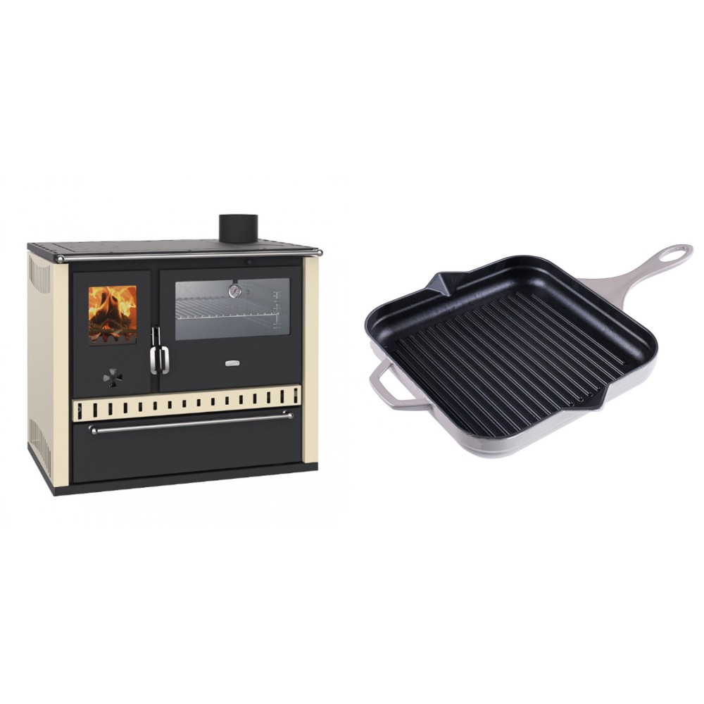 Set Küchenofen / Küchenhexe Wasserführend Prity GT W10 Elfenbein, mit Edelstahl-Backofen, Stahlhobel und Schublade, 13.3 kW + Emaillierte grillpfanne Gusseisen Solagio, Ivory, 28x28cm