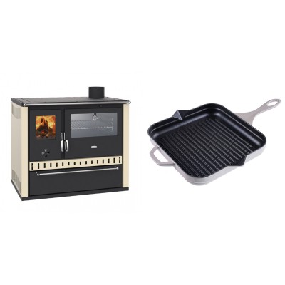 Set Küchenofen / Küchenhexe Wasserführend Prity GT W10 Elfenbein, mit Edelstahl-Backofen, Stahlhobel und Schublade, 13.3 kW + Emaillierte grillpfanne Gusseisen Solagio, Ivory, 28x28cm - Kaminofen - Holzofen mit Backfach