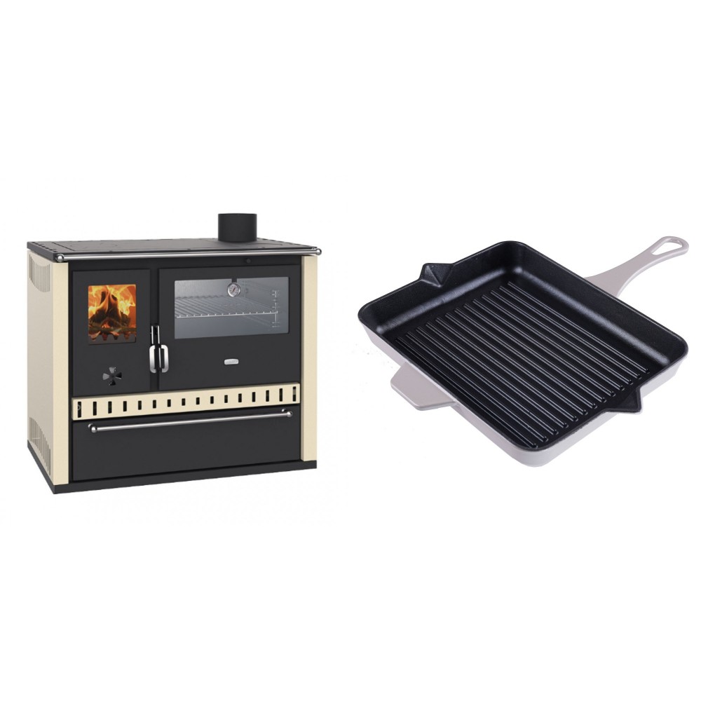Set Küchenofen / Küchenhexe Wasserführend Prity GT W10 Elfenbein, mit Edelstahl-Backofen, Stahlhobel und Schublade, 13.3 kW + Emaillierte grillpfanne Gusseisen Solagio, Ivory, 26x32cm