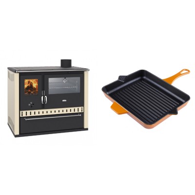 Set Küchenofen / Küchenhexe Wasserführend Prity GT W10 Elfenbein, mit Edelstahl-Backofen, Stahlhobel und Schublade, 13.3 kW + Emaillierte grillpfanne Gusseisen Solagio, Dijon, 26x32cm - Kaminofen - Holzofen mit Backfach