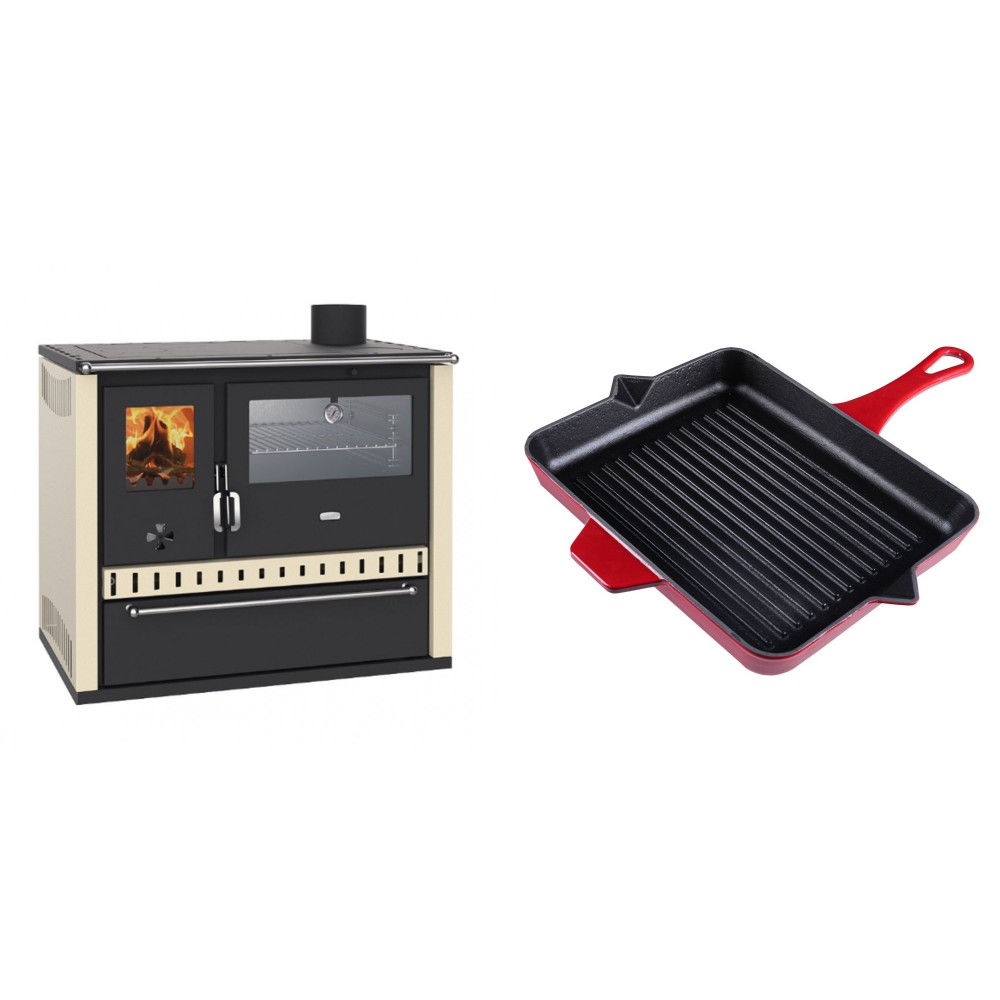 Set Küchenofen / Küchenhexe Wasserführend Prity GT W10 Elfenbein, mit Edelstahl-Backofen, Stahlhobel und Schublade, 13.3 kW + Emaillierte grillpfanne Gusseisen Solagio, Rubin, 26x32cm