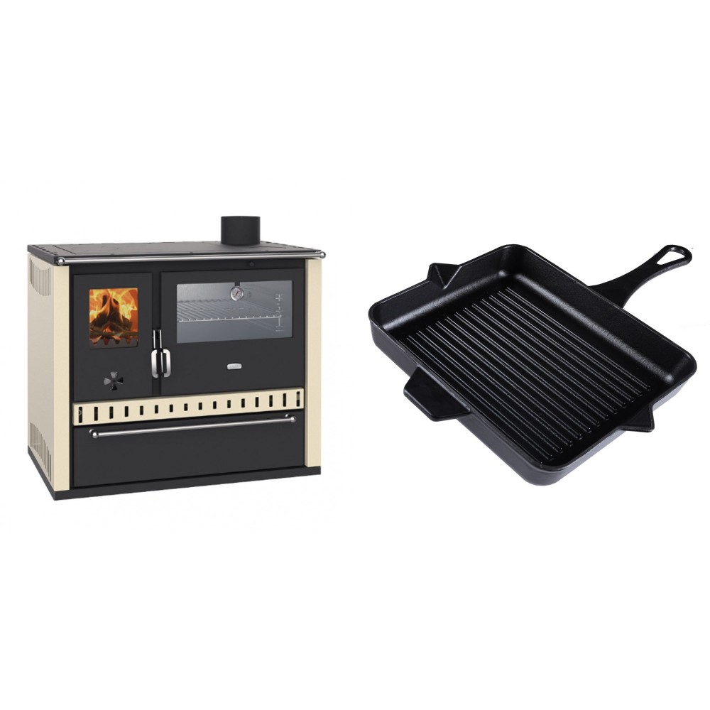 Set Küchenofen / Küchenhexe Wasserführend Prity GT W10 Elfenbein, mit Edelstahl-Backofen, Stahlhobel und Schublade, 13.3 kW + Emaillierte grillpfanne Gusseisen Solagio, Black Onyx, 26x32cm | Kaminofen - Holzofen mit Backfach | Kaminofen |