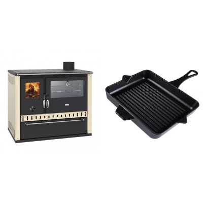Set Küchenofen / Küchenhexe Wasserführend Prity GT W10 Elfenbein, mit Edelstahl-Backofen, Stahlhobel und Schublade, 13.3 kW + Emaillierte grillpfanne Gusseisen Solagio, Black Onyx, 26x32cm - Kaminofen - Holzofen mit Backfach