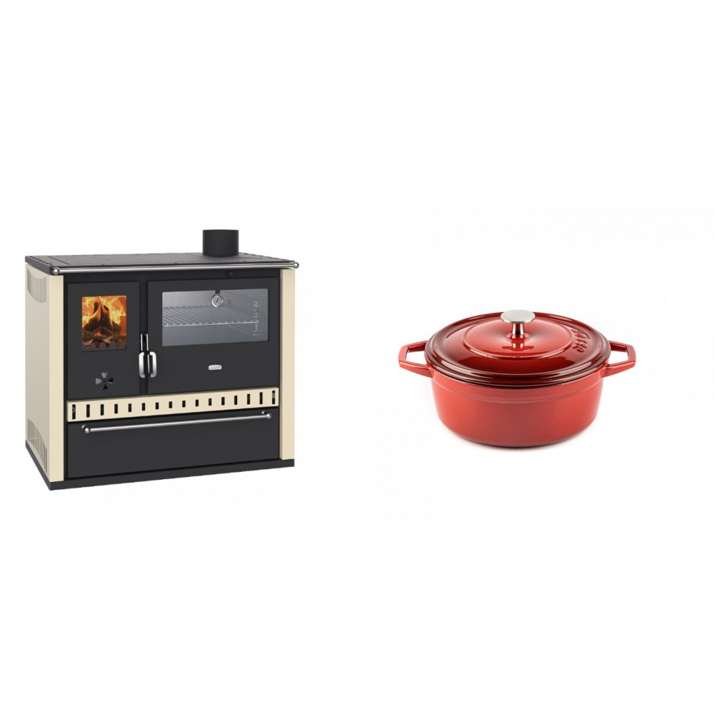 Set Küchenofen / Küchenhexe Wasserführend Prity GT W10 Elfenbein, mit Edelstahl-Backofen, Stahlhobel und Schublade, 13.3 kW + Gusseisen Topf Tiefer Solagio, Rubin, Ф12 | Kaminofen - Holzofen mit Backfach | Kaminofen |