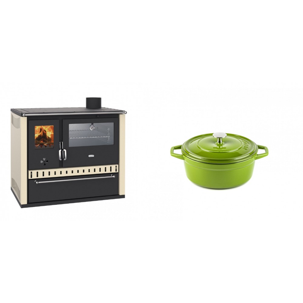 Set Küchenofen / Küchenhexe Wasserführend Prity GT W10 Elfenbein, mit Edelstahl-Backofen, Stahlhobel und Schublade, 13.3 kW + Gusseisen Topf Tiefer Solagio, Bamboo, Ф12
