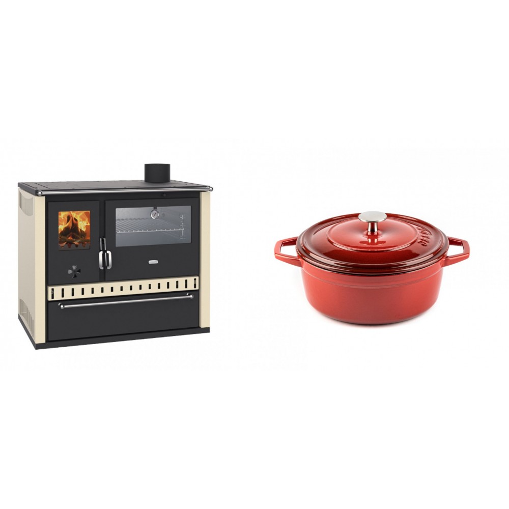 Set Küchenofen / Küchenhexe Wasserführend Prity GT W10 Elfenbein, mit Edelstahl-Backofen, Stahlhobel und Schublade, 13.3 kW + Gusseisen Topf Tiefer Solagio, Rubin, Ф20 | Kaminofen - Holzofen mit Backfach | Kaminofen |