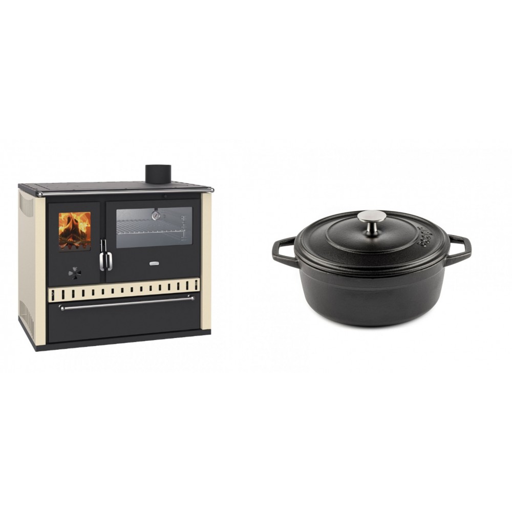 Set Küchenofen / Küchenhexe Wasserführend Prity GT W10 Elfenbein, mit Edelstahl-Backofen, Stahlhobel und Schublade, 13.3 kW + Gusseisen Topf Tiefer Solagio, Black Onyx, Ф20