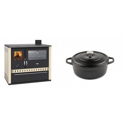 Set Küchenofen / Küchenhexe Wasserführend Prity GT W10 Elfenbein, mit Edelstahl-Backofen, Stahlhobel und Schublade, 13.3 kW + Gusseisen Topf Tiefer Solagio, Black Onyx, Ф20 - Kaminofen - Holzofen mit Backfach