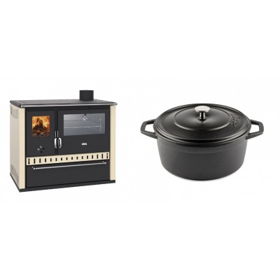 Set Küchenofen / Küchenhexe Wasserführend Prity GT W10 Elfenbein, mit Edelstahl-Backofen, Stahlhobel und Schublade, 13.3 kW + Gusseisen Topf Tiefer Solagio, Black Onyx, Ф24 - Kaminofen - Holzofen mit Backfach