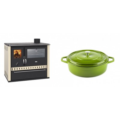 Set Küchenofen / Küchenhexe Wasserführend Prity GT W10 Elfenbein, mit Edelstahl-Backofen, Stahlhobel und Schublade, 13.3 kW + Gusseisen Topf Flach Solagio, Bamboo, Ф26 - Kaminofen - Holzofen mit Backfach