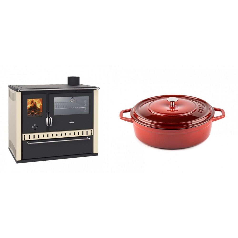 Set Küchenofen / Küchenhexe Wasserführend Prity GT W10 Elfenbein, mit Edelstahl-Backofen, Stahlhobel und Schublade, 13.3 kW + Gusseisen Topf Flach Solagio, Rubin, Ф26 | Kaminofen - Holzofen mit Backfach | Kaminofen |