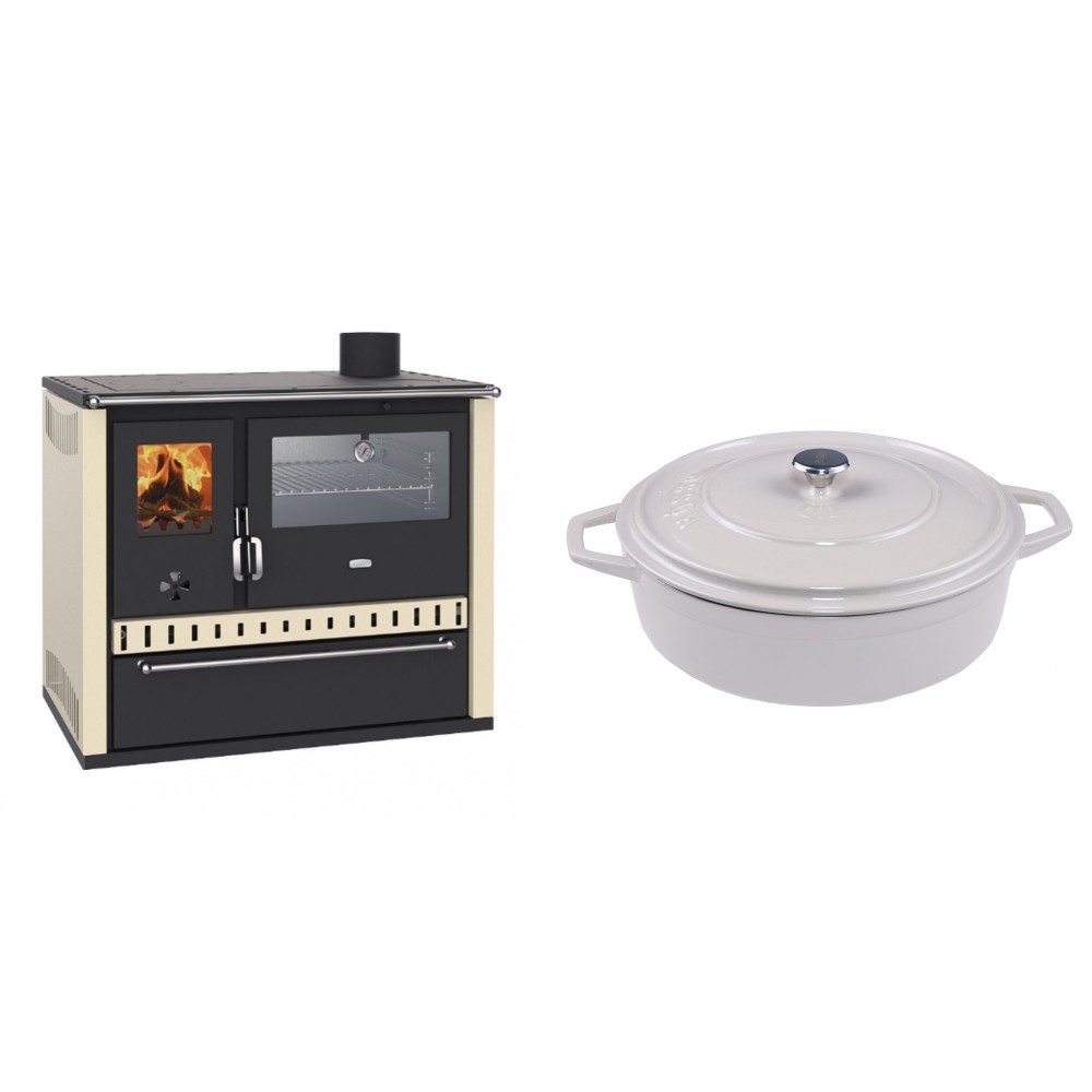 Set Küchenofen / Küchenhexe Wasserführend Prity GT W10 Elfenbein, mit Edelstahl-Backofen, Stahlhobel und Schublade, 13.3 kW + Gusseisen Topf Flach Solagio, Ivory, Ф28 | Kaminofen - Holzofen mit Backfach | Kaminofen |