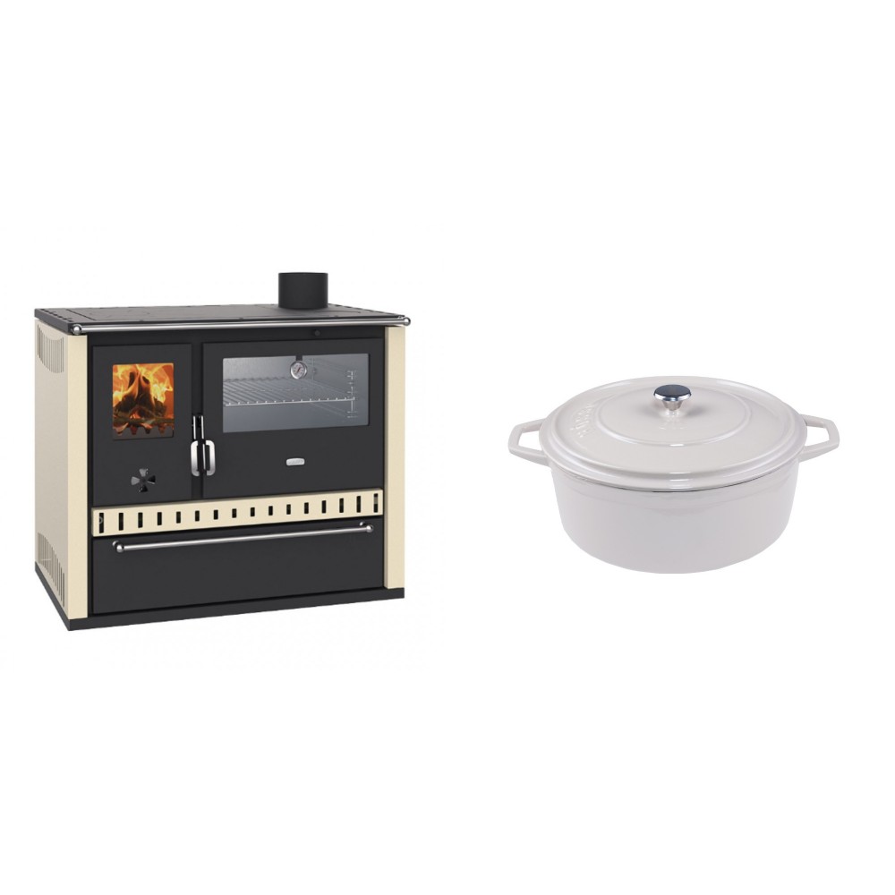 Set Küchenofen / Küchenhexe Wasserführend Prity GT W10 Elfenbein, mit Edelstahl-Backofen, Stahlhobel und Schublade, 13.3 kW + Gusseisen Topf Tiefer Solagio, Ivory, Ф20