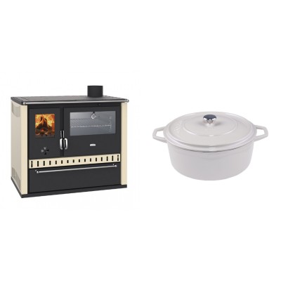 Set Küchenofen / Küchenhexe Wasserführend Prity GT W10 Elfenbein, mit Edelstahl-Backofen, Stahlhobel und Schublade, 13.3 kW + Gusseisen Topf Tiefer Solagio, Ivory, Ф24 - Kaminofen - Holzofen mit Backfach