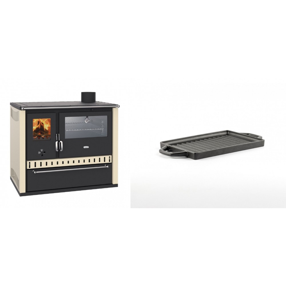 Set Küchenofen / Küchenhexe Wasserführend Prity GT W10 Elfenbein, mit Edelstahl-Backofen, Stahlhobel und Schublade, 13.3 kW + Mini-Grillplatte aus Gusseisen Solagio, 15.5x22.5cm