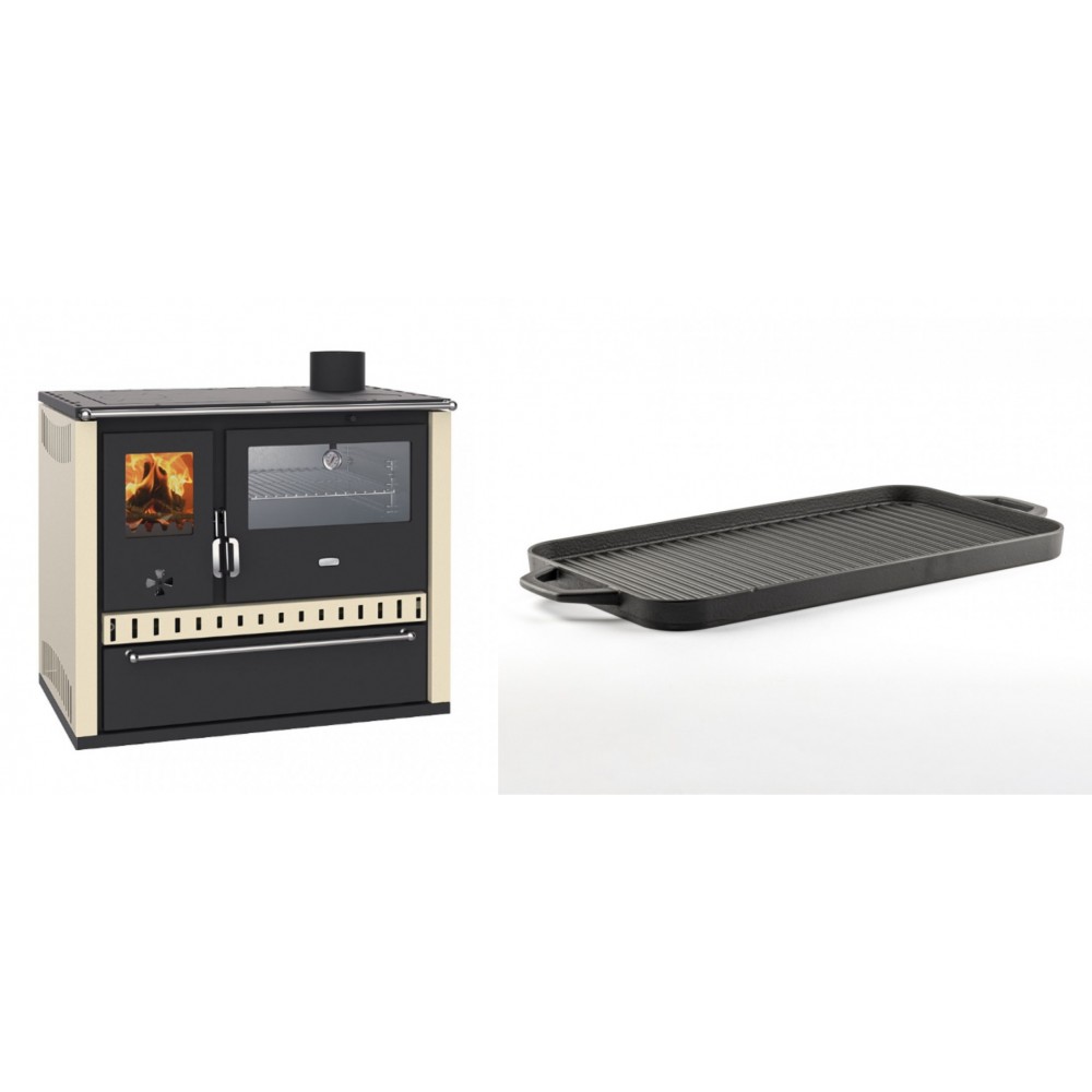 Set Küchenofen / Küchenhexe Wasserführend Prity GT W10 Elfenbein, mit Edelstahl-Backofen, Stahlhobel und Schublade, 13.3 kW + Große Grillplatte aus Gusseisen Solagio, 25x44cm | Kaminofen - Holzofen mit Backfach | Kaminofen |