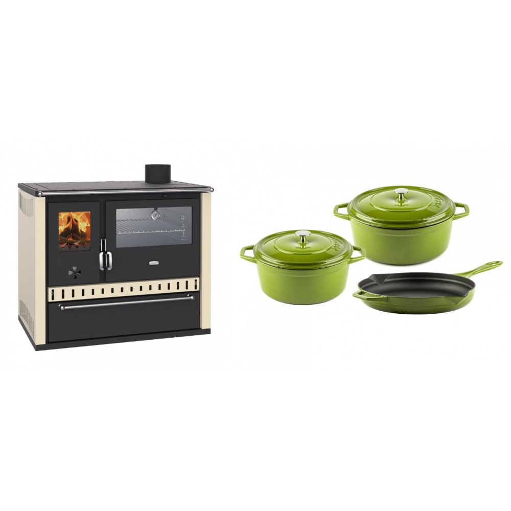 Set Küchenofen / Küchenhexe Wasserführend Prity GT W10 Elfenbein, mit Edelstahl-Backofen, Stahlhobel und Schublade, 13.3 kW + Gusseisen Topf Set aus 3 teilen Solagio, Bamboo