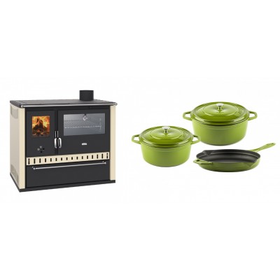 Set Küchenofen / Küchenhexe Wasserführend Prity GT W10 Elfenbein, mit Edelstahl-Backofen, Stahlhobel und Schublade, 13.3 kW + Gusseisen Topf Set aus 3 teilen Solagio, Bamboo - Kaminofen - Holzofen mit Backfach