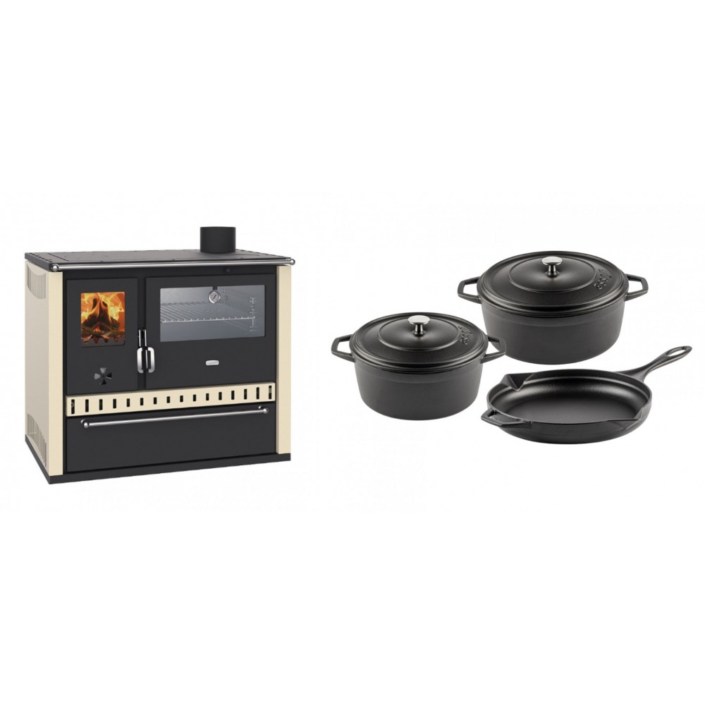 Set Küchenofen / Küchenhexe Wasserführend Prity GT W10 Elfenbein, mit Edelstahl-Backofen, Stahlhobel und Schublade, 13.3 kW + Gusseisen Topf Set aus 3 teilen Solagio, Black Onyx