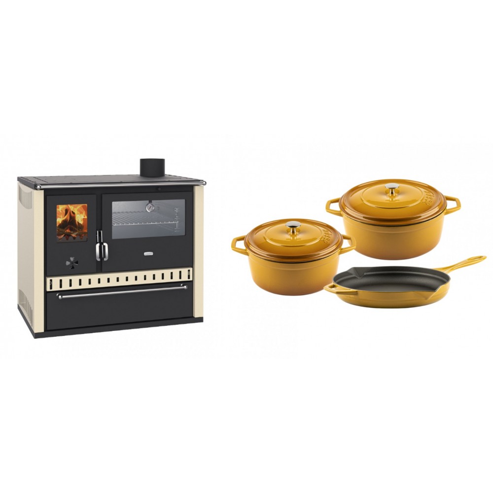 Set Küchenofen / Küchenhexe Wasserführend Prity GT W10 Elfenbein, mit Edelstahl-Backofen, Stahlhobel und Schublade, 13.3 kW + Gusseisen Topf Set aus 3 teilen Solagio, Dijon | Kaminofen - Holzofen mit Backfach | Kaminofen |