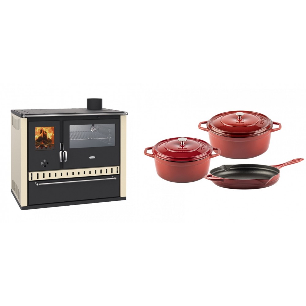 Set Küchenofen / Küchenhexe Wasserführend Prity GT W10 Elfenbein, mit Edelstahl-Backofen, Stahlhobel und Schublade, 13.3 kW + Gusseisen Topf Set aus 3 teilen Solagio, Rubin | Kaminofen - Holzofen mit Backfach | Kaminofen |